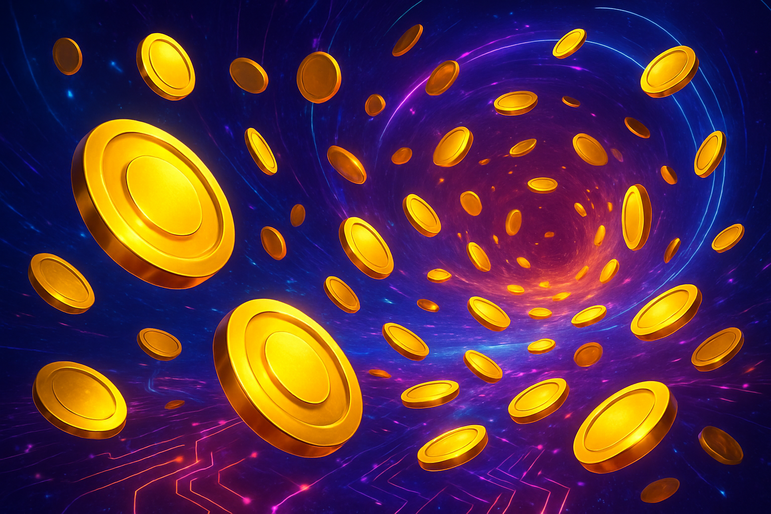 Golden coins swirling on a neon cosmic background